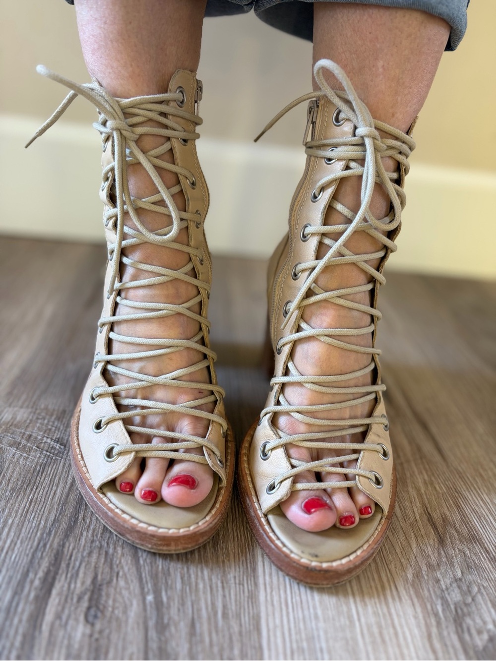 Ann Demeulemeester Beige Lace-Up Open-Toe Boots